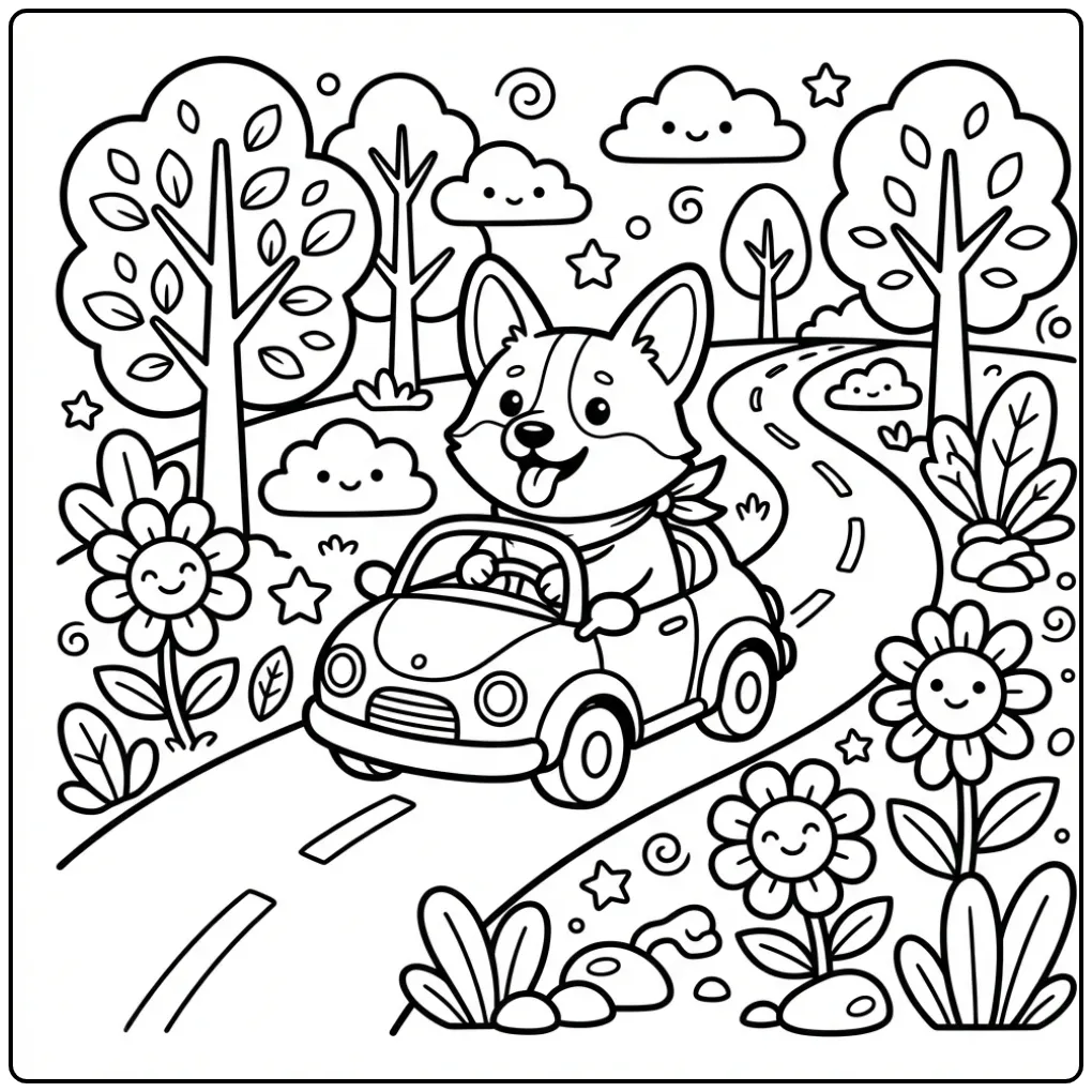 A cute corgi in a toy car Corgi Coloring Page.