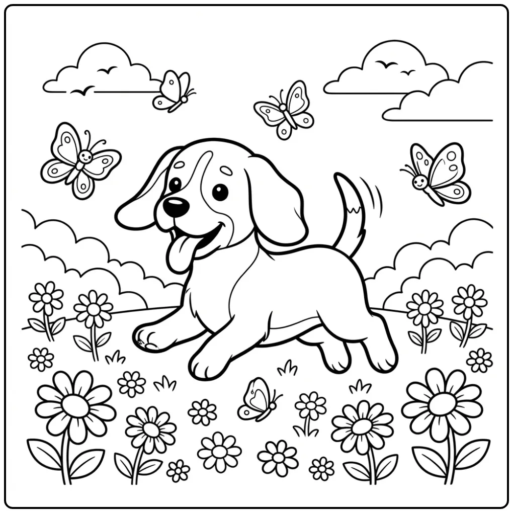 A joyful cartoon Beagle Coloring Page chasing butterflies.