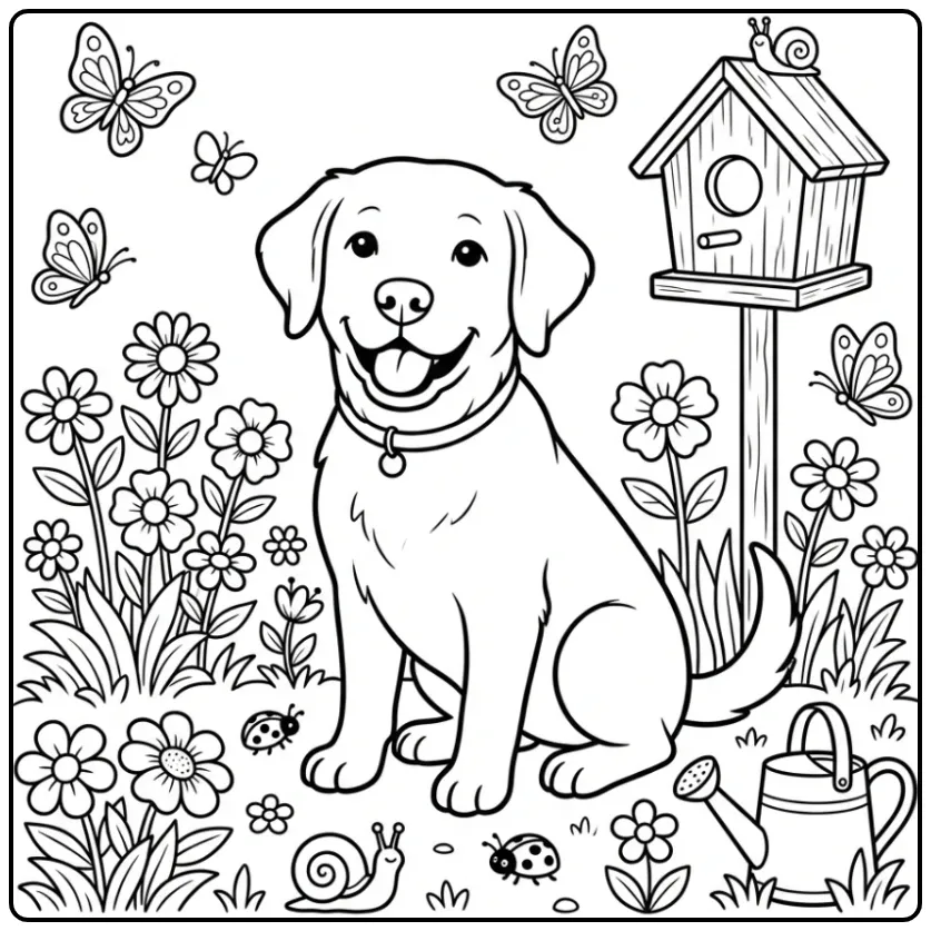 A cute dog in a spring garden Labrador Retriever Coloring Page.