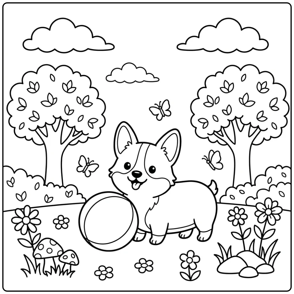 A playful Corgi Coloring Page For Kids with a ball and flowers.