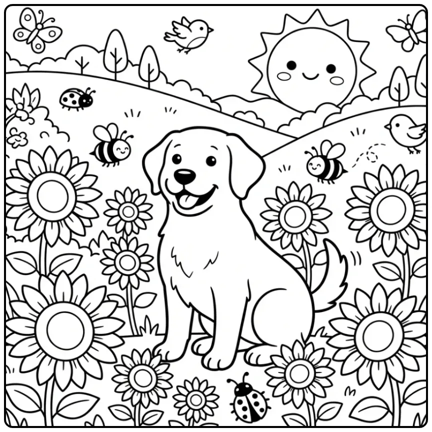 A cute Labrador Retriever Coloring Page with sunflowers and bees.