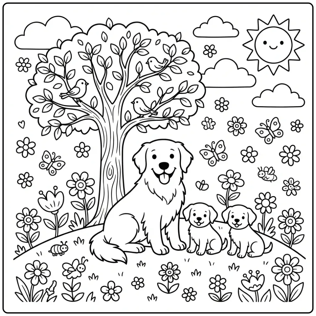 A charming Golden Retriever Coloring Page of a dog family on a hill.