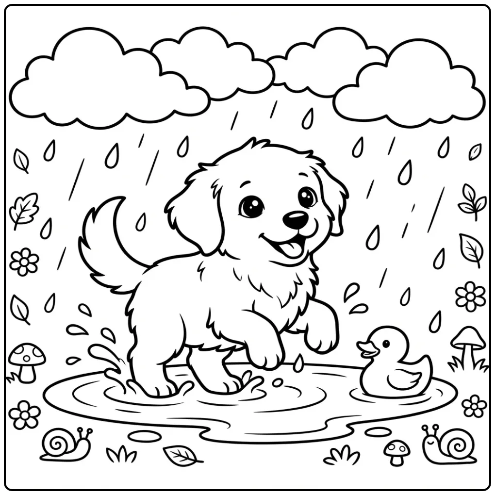 A cute cartoon Baby Golden Retriever Coloring Page with a duck.