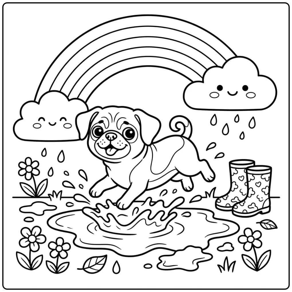 A joyful dog splashing in a puddle, a fun Puggle Coloring Page.