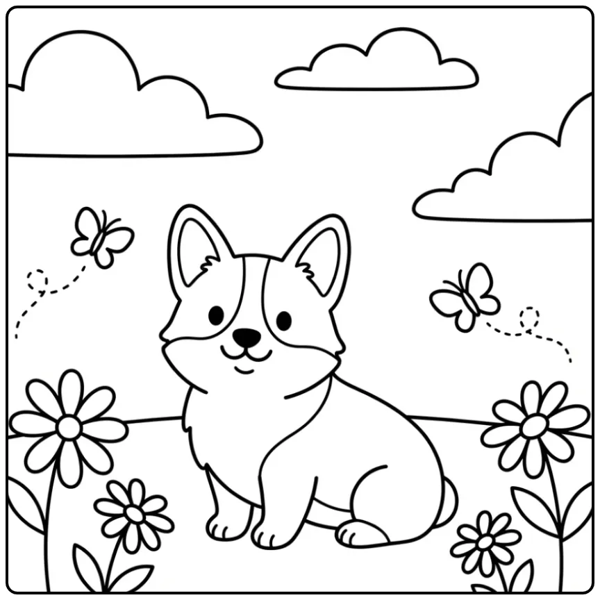 A smiling dog sits in a grassy field on this Easy Corgi Coloring Page.