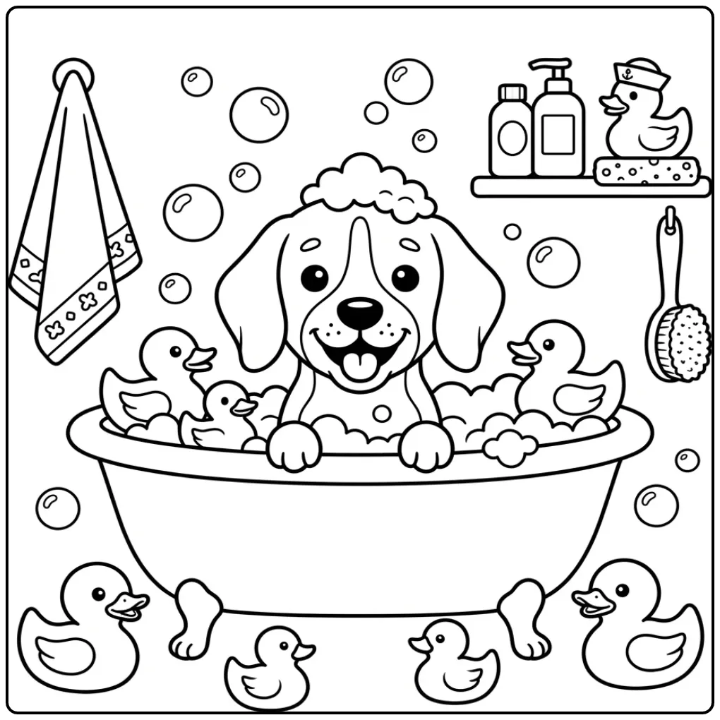A cute cartoon Beagle Coloring Page of a dog in a bubble bath.