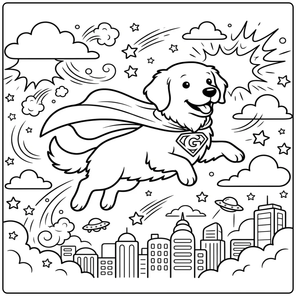 A flying superhero Golden Retriever Coloring Page over a city.