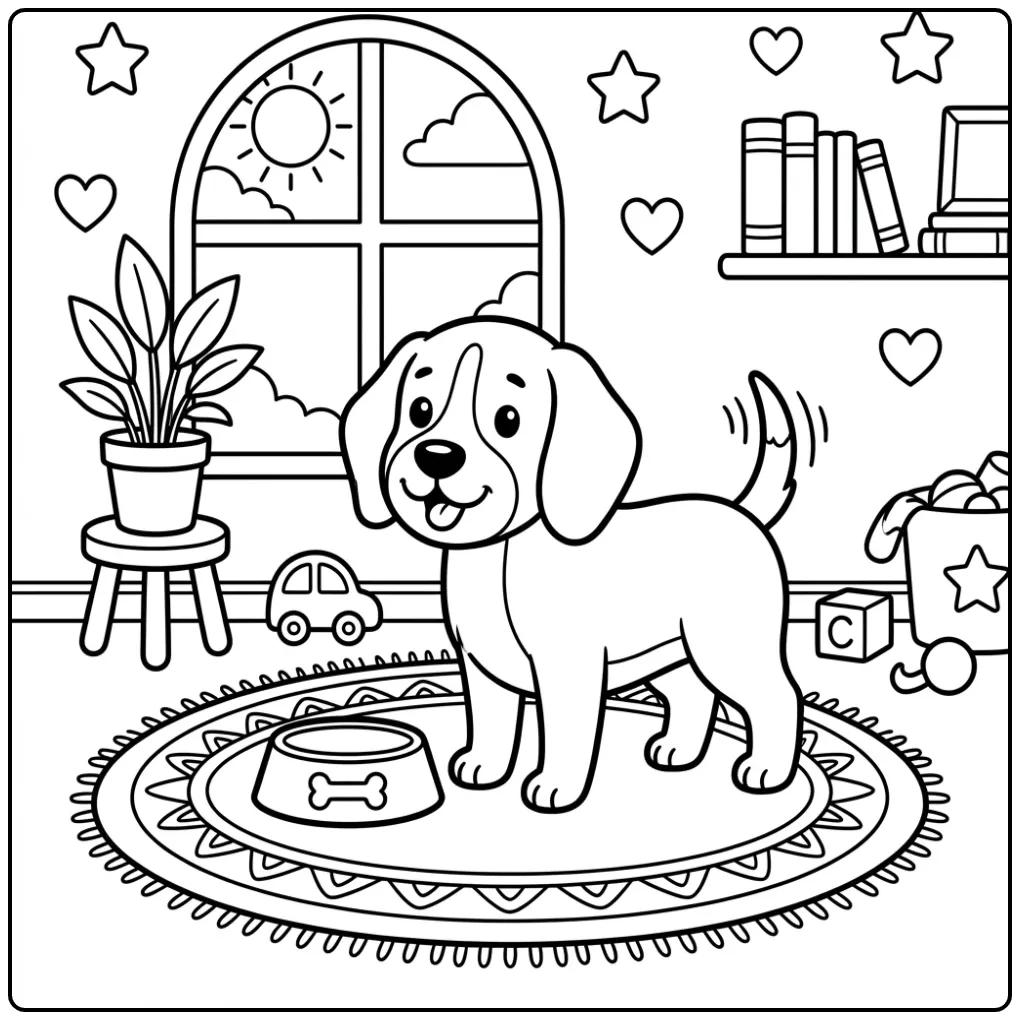 A happy, wagging Easy Beagle Coloring Page next to its bowl.
