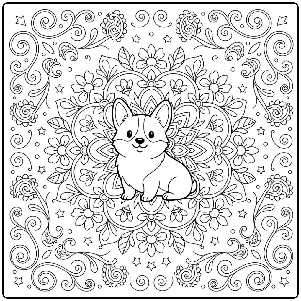 A regal Corgi Coloring Page For Adults in a floral mandala.