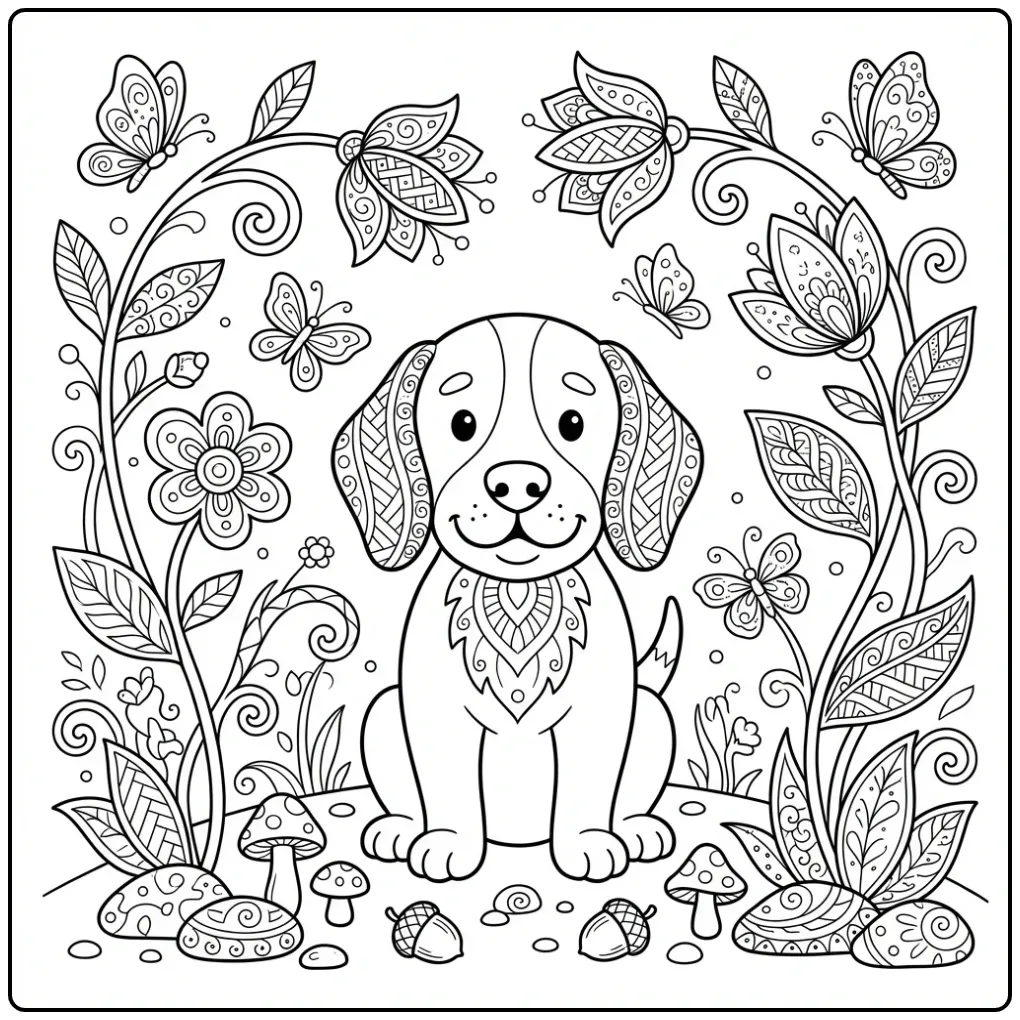 A serene Beagle Coloring Page For Adults sitting in a garden.
