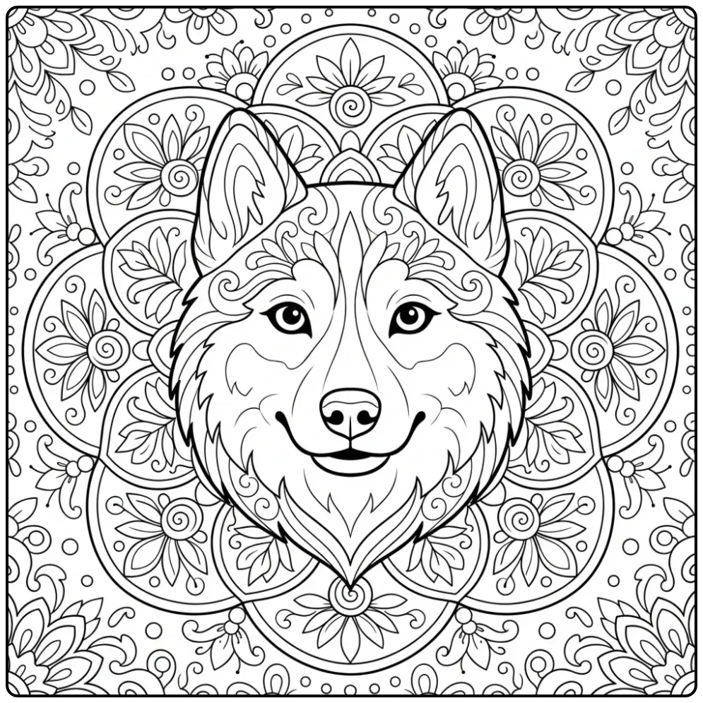 A serene husky's face with floral mandala art, a Husky Coloring Page For Adults.