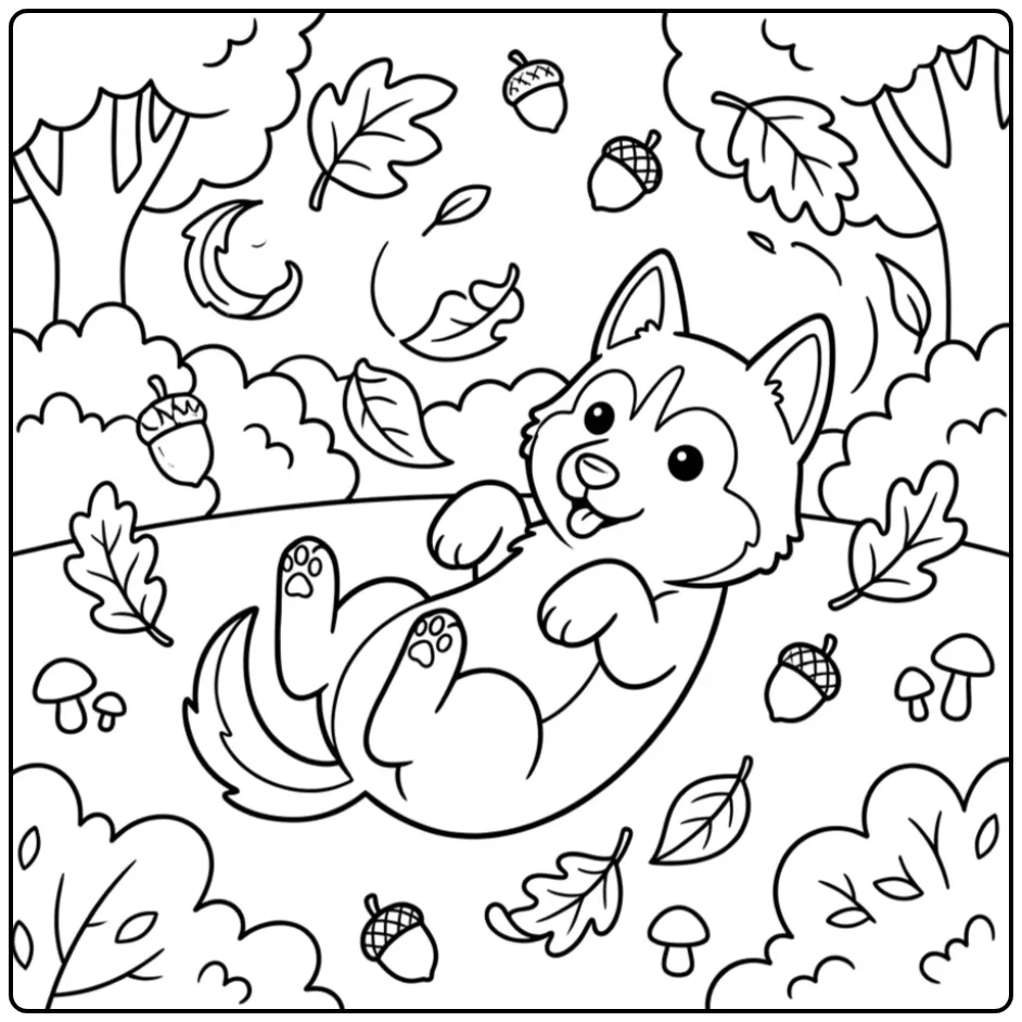 A playful cartoon Husky Coloring Page with falling leaves.