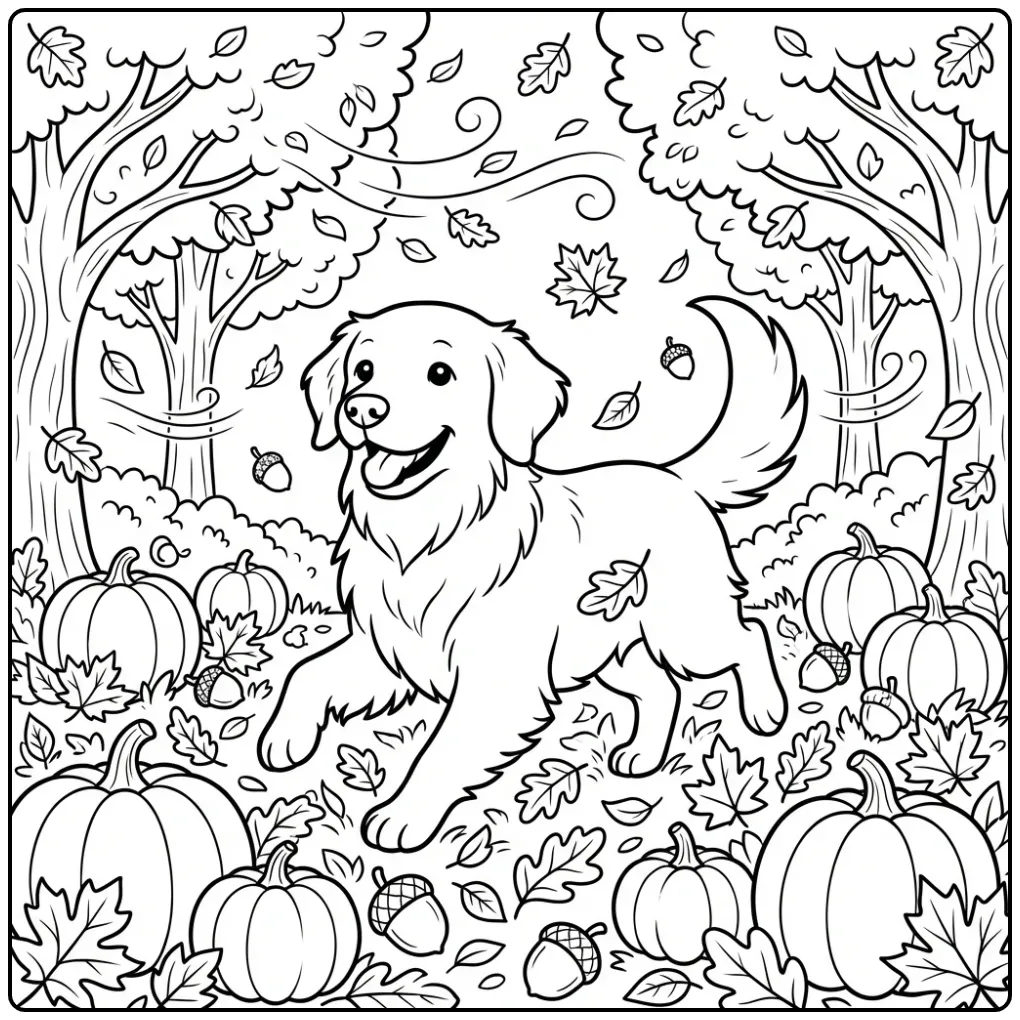 An energetic pup plays in fall leaves; Detailed Golden Retriever Coloring Page.