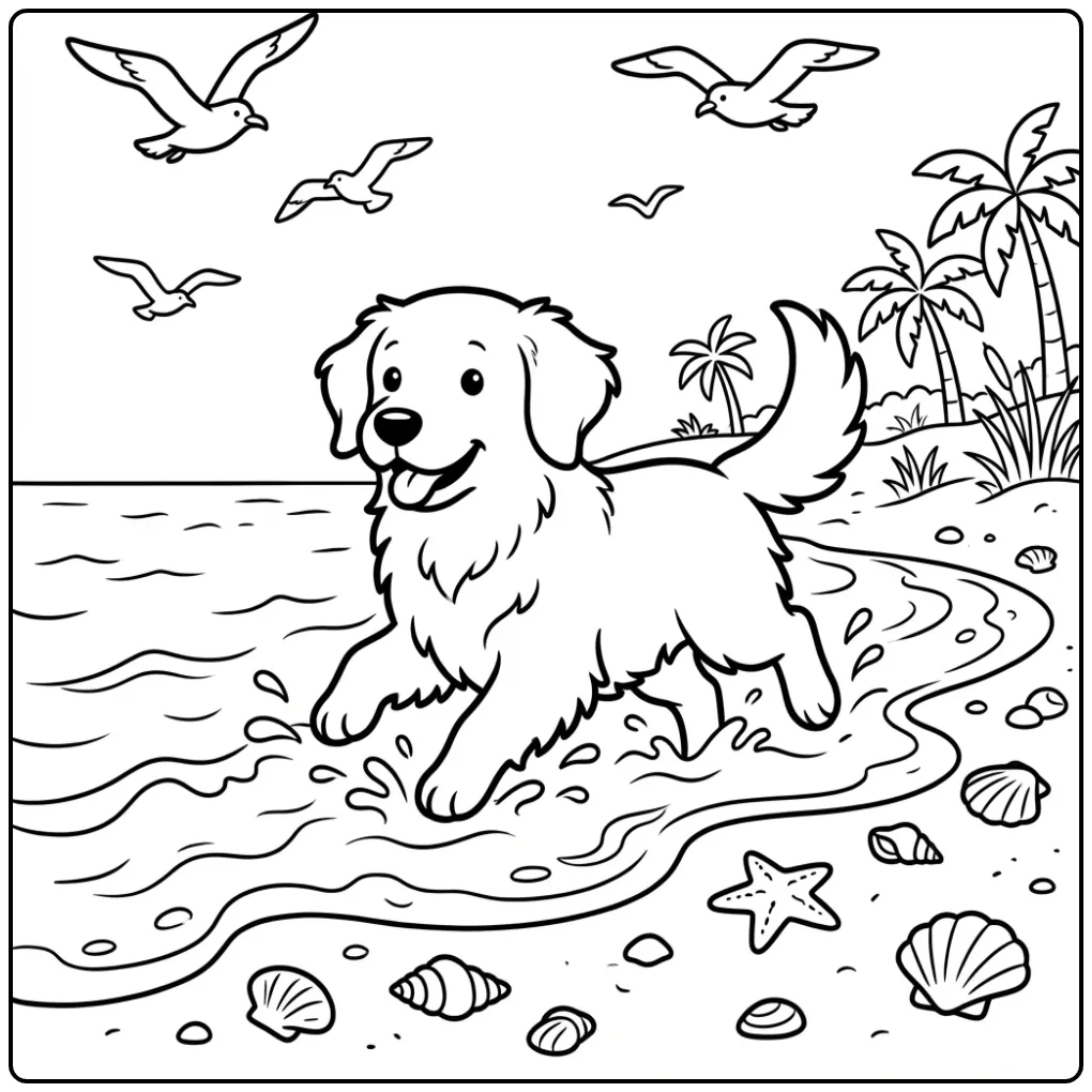 A happy dog on the shore: Realistic Golden Retriever Coloring Page.
