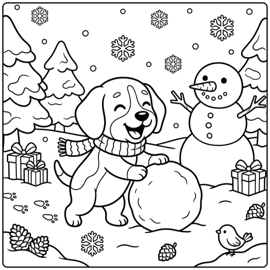 A cute Christmas Beagle Coloring Page with a snowman and gifts.
