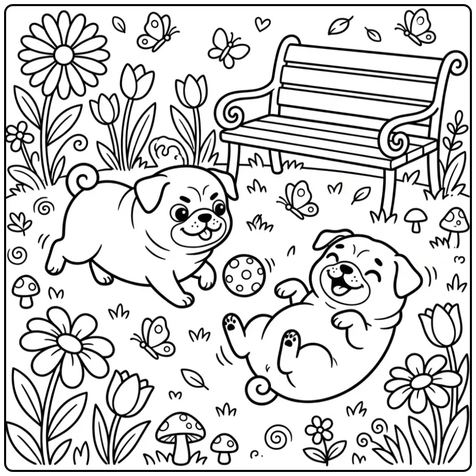 Two happy cartoon pugs playing in a park Pug Coloring Page.