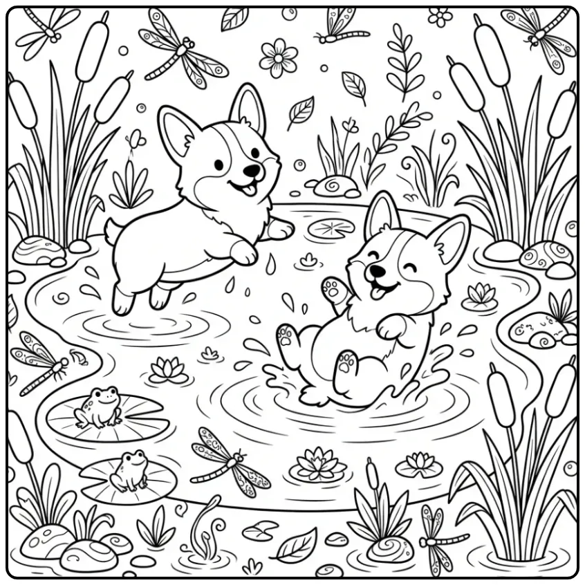 Playful dogs in a pond with lily pads Corgi Coloring Page.