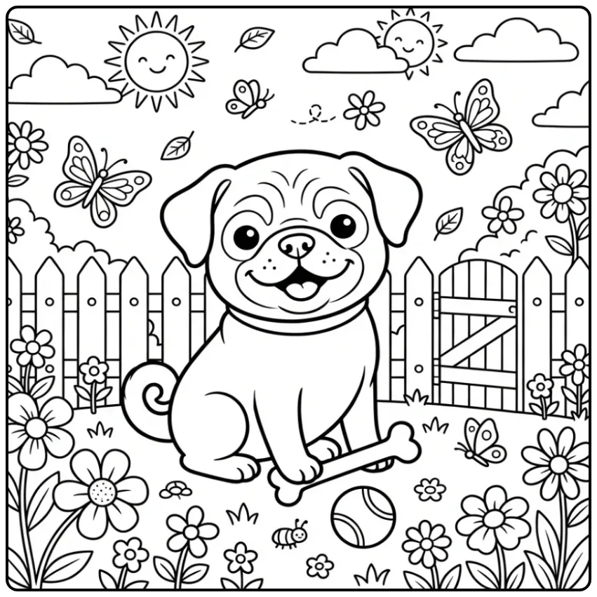 A cute Puggle Coloring Page showing a dog playing in a backyard.