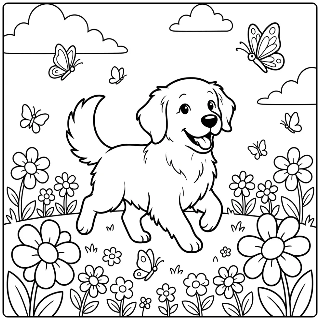 A cute cartoon Golden Retriever Coloring Page in a flower field.
