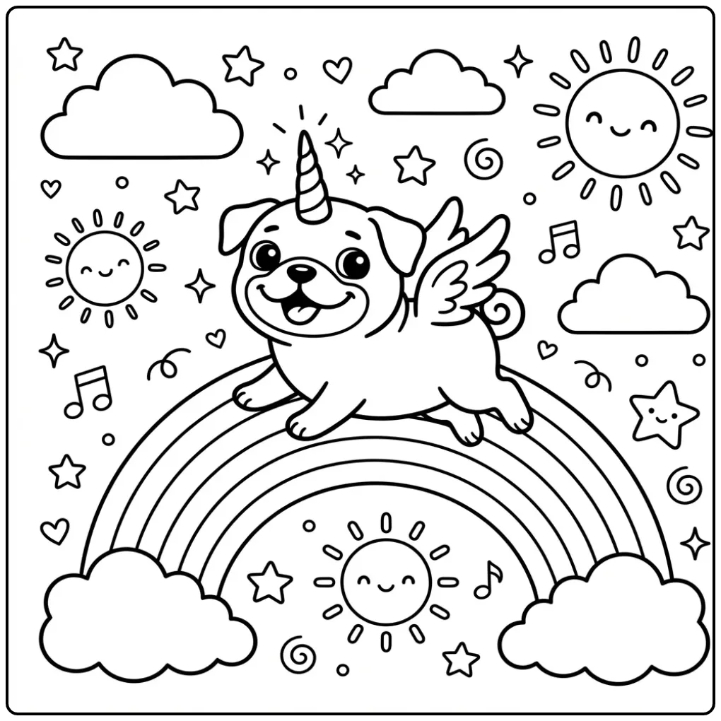 A cute winged Pugicorn Coloring Page galloping on a rainbow.