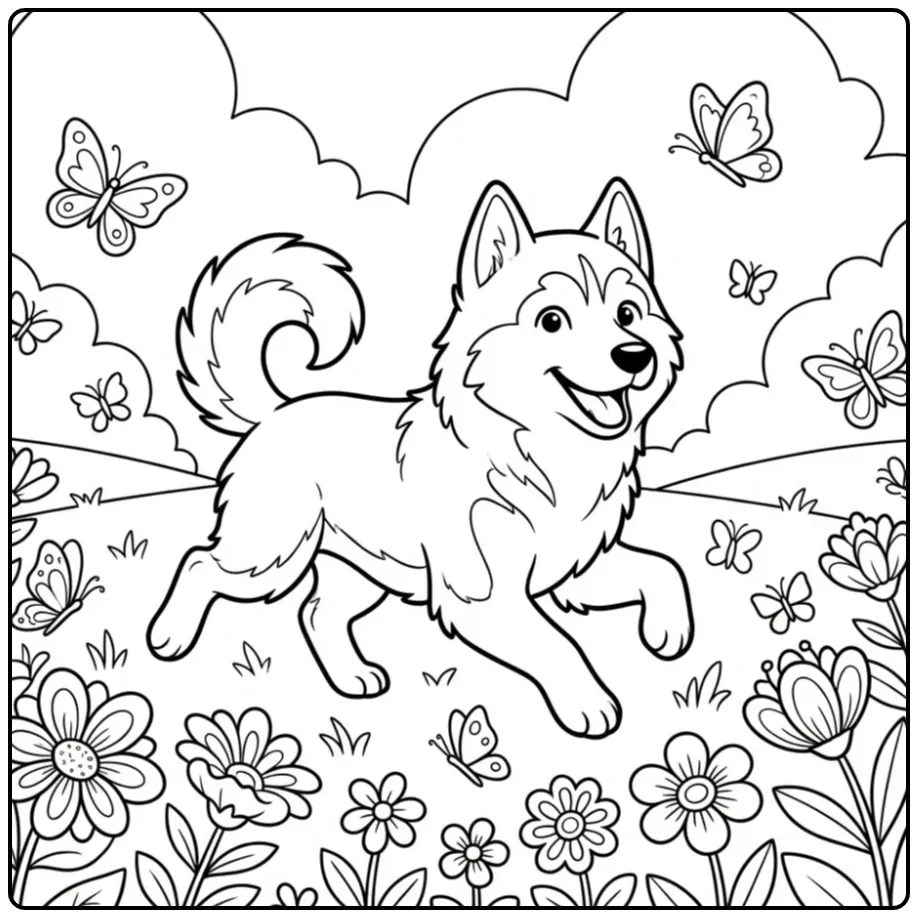 A cute running dog in a field of flowers Husky Coloring Page.