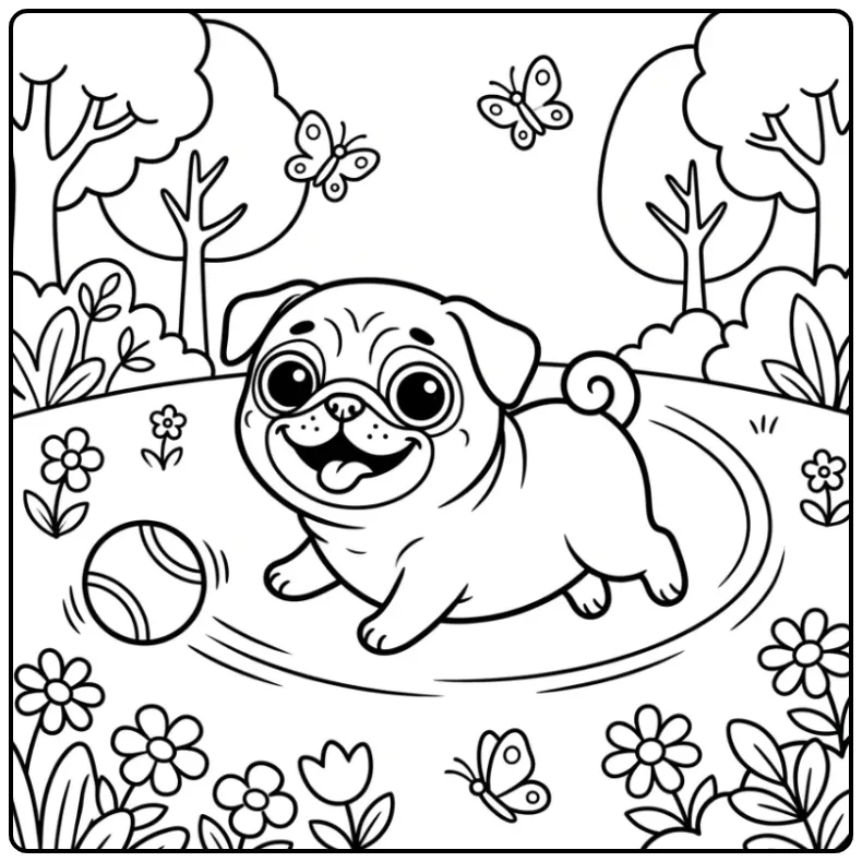 A dizzy pug spinning in a park: a Funny Pug Coloring Page.