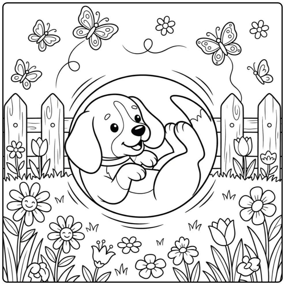 A happy cartoon Beagle Coloring Page chasing its own tail.