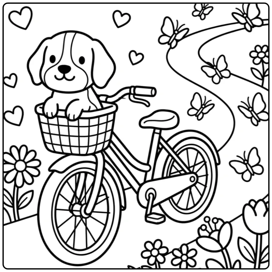 A cute cartoon Beagle Coloring Page of a puppy in a bicycle basket.