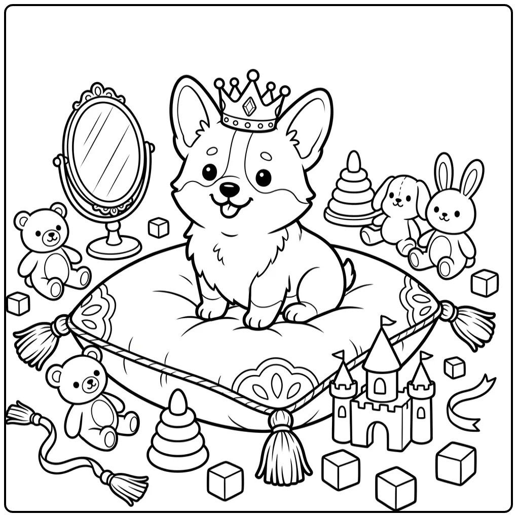 A royal Corgi Coloring Page with a crown on a plush pillow.