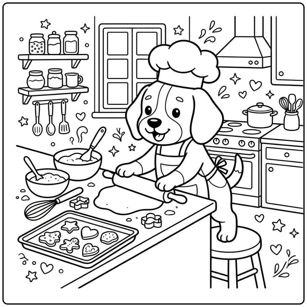 A cute puppy chef on a Beagle Coloring Page making cookies.