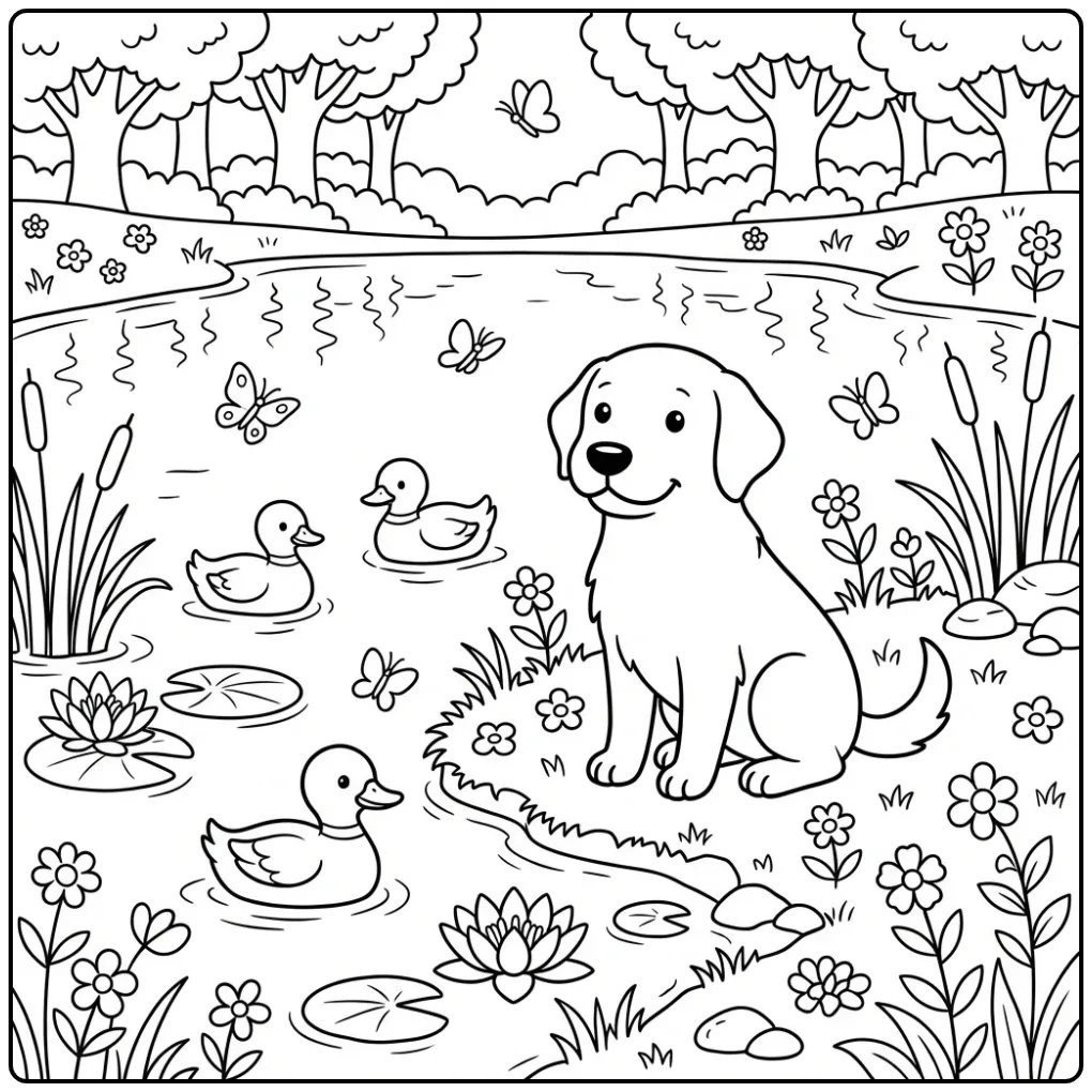A happy dog by a lake with ducks; Labrador Retriever Coloring Page.