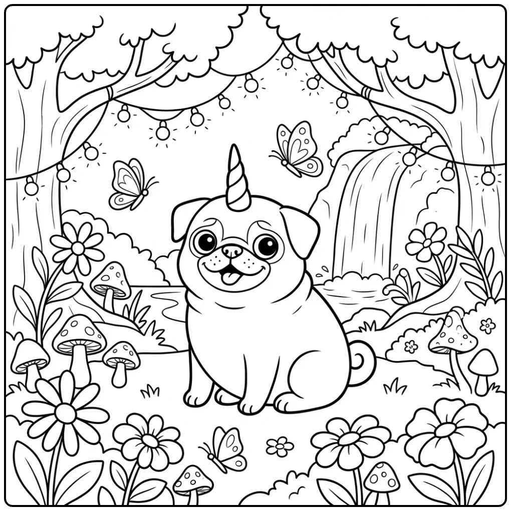 A cute cartoon Pugicorn Coloring Page in an enchanted forest.