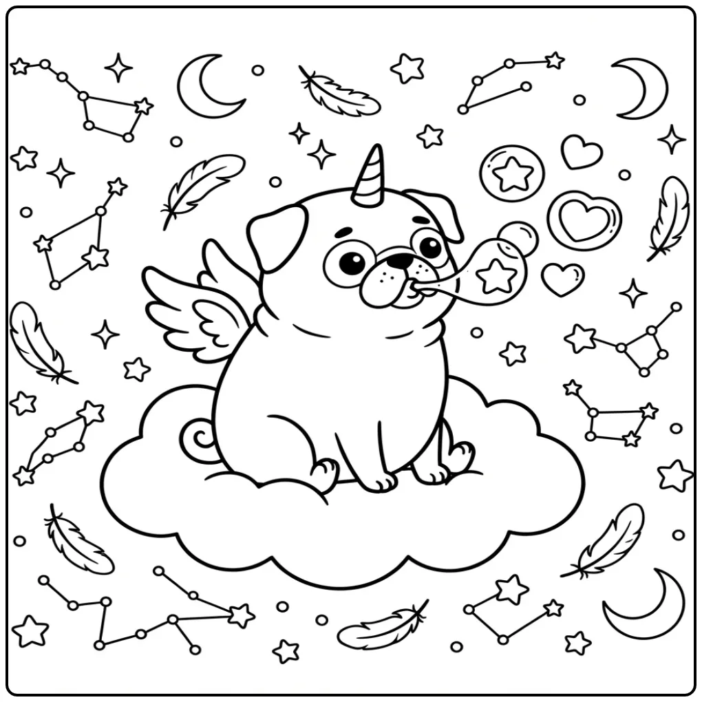 A cute Pugicorn Coloring Page of a dog on a cloud with bubbles.