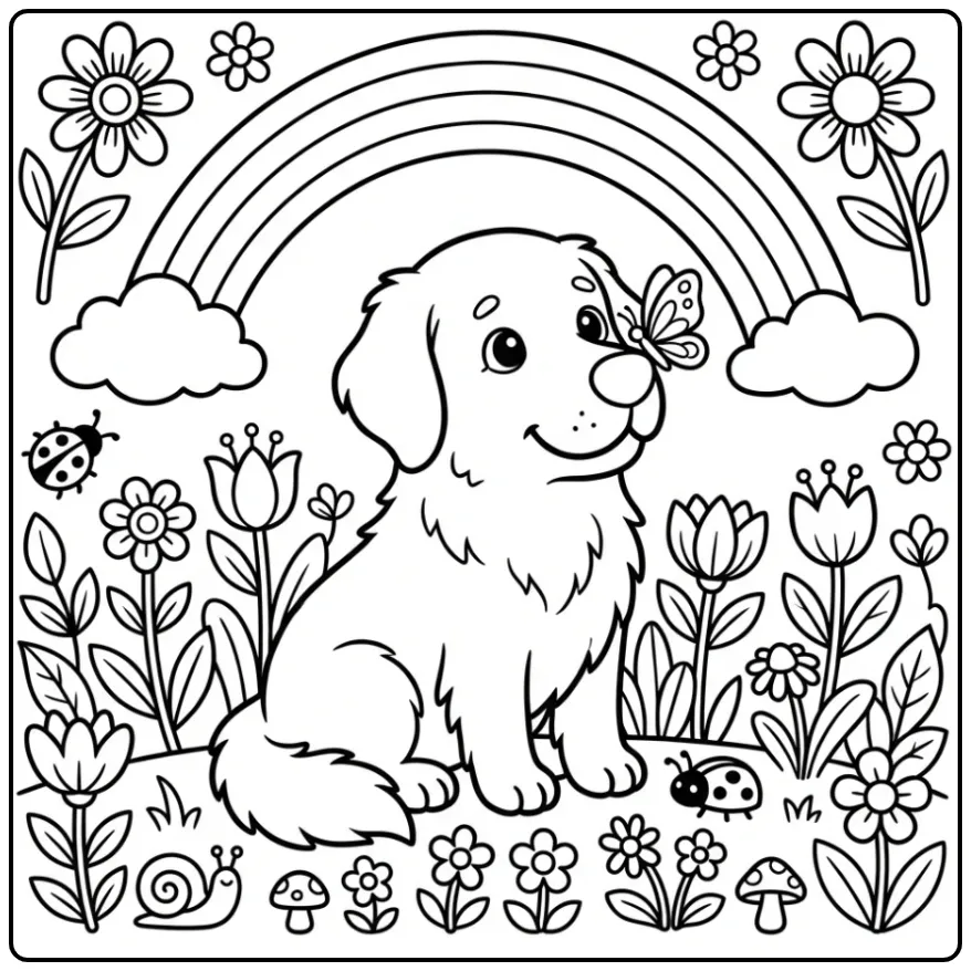 A sweet cartoon Golden Retriever Coloring Page with a butterfly.