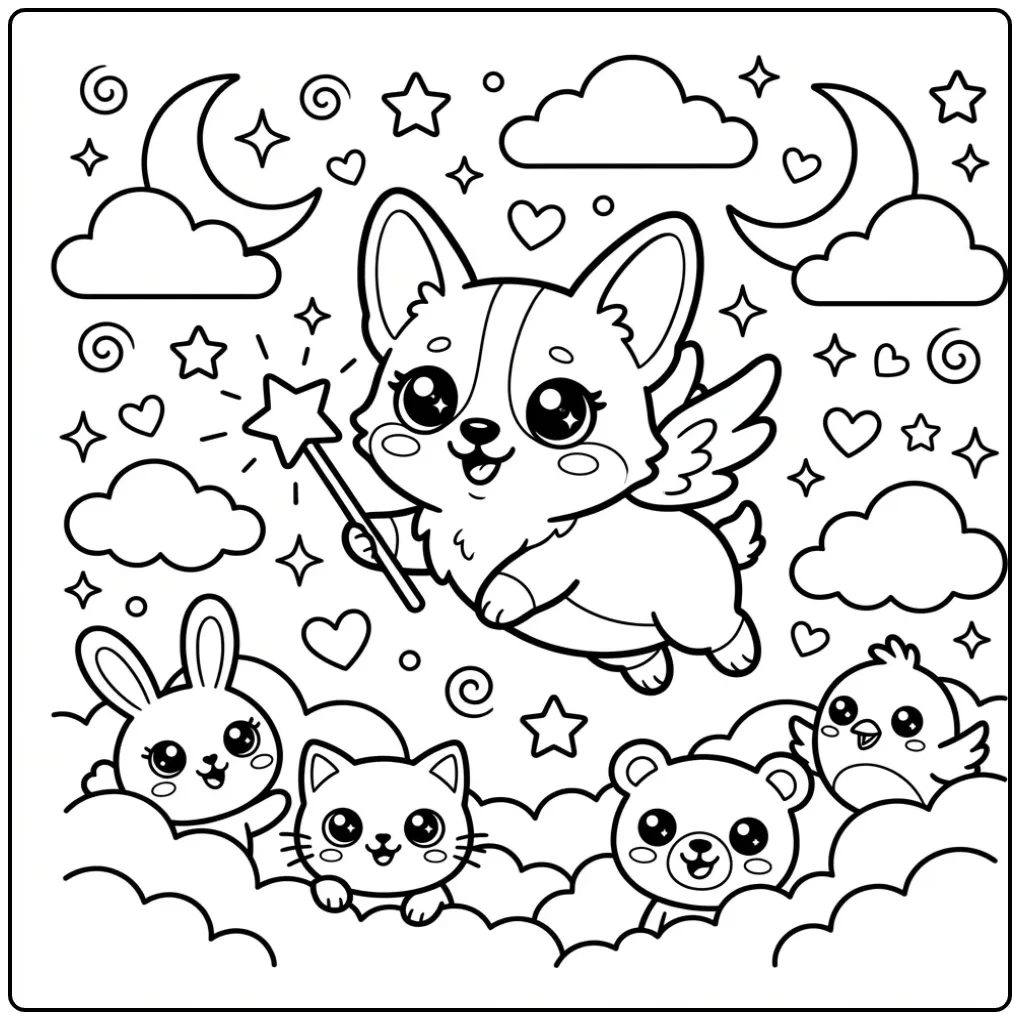 A magical flying dog with wings for a Kawaii Corgi Coloring Page.