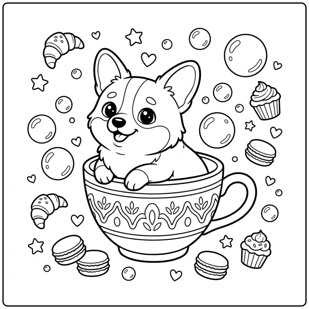 A smiling Kawaii Corgi Coloring Page in a teacup with treats.