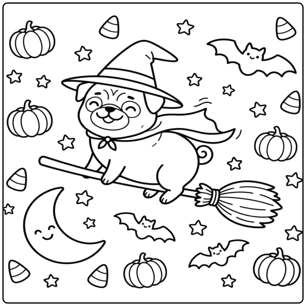 A cute pug in a witch costume: Halloween Pug Coloring Page.
