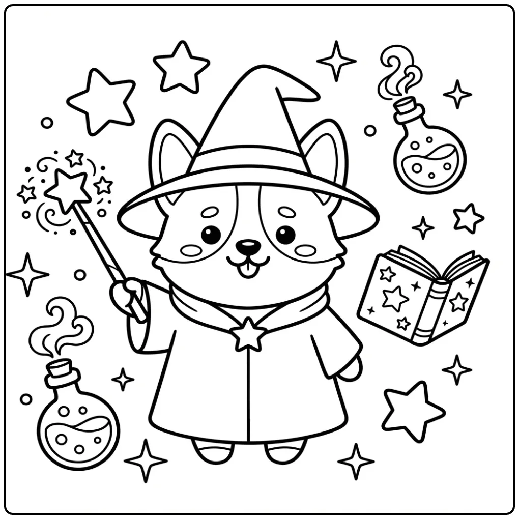A cute wizard Corgi Coloring Page with a spellbook and stars.