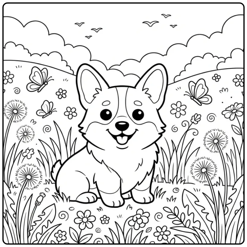 A proud dog sits in a field on this Realistic Corgi Coloring Page.