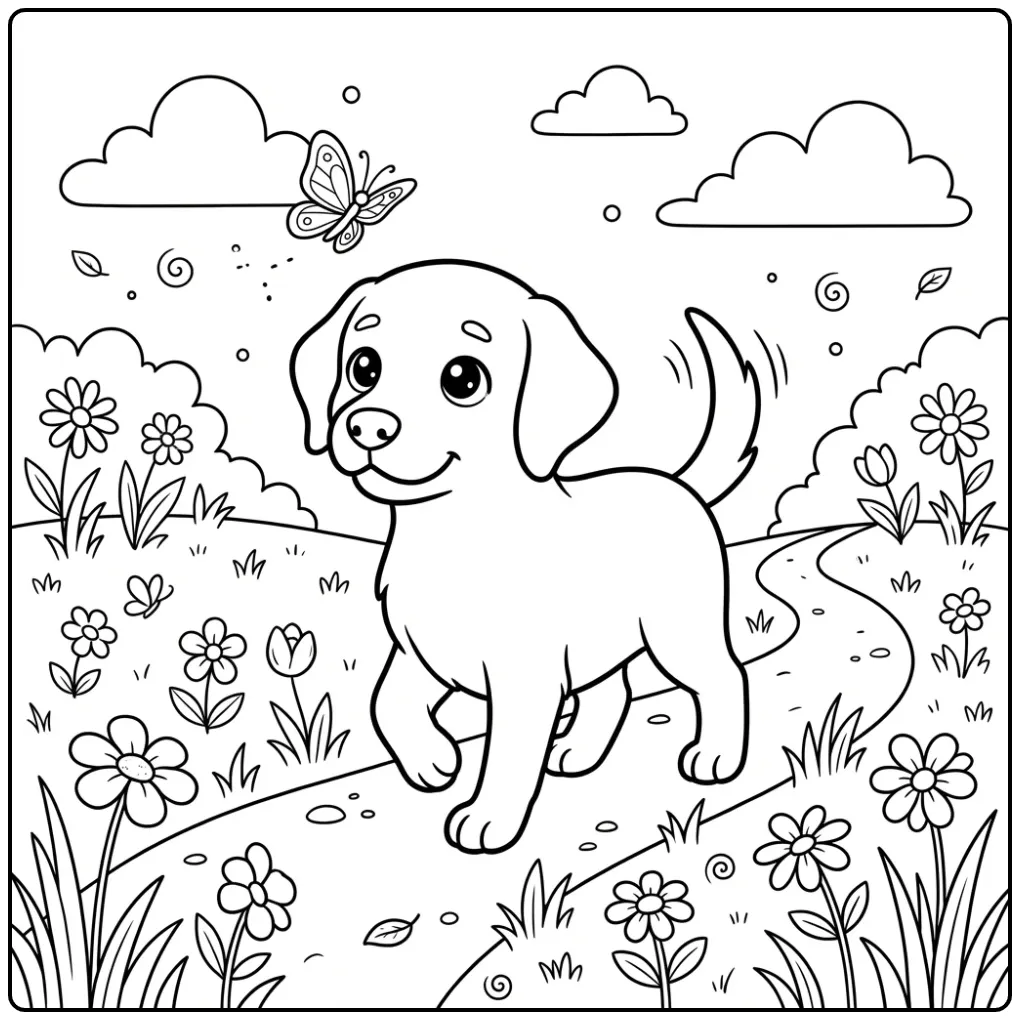 A cute Easy Labrador Coloring Page with a happy puppy and butterfly.