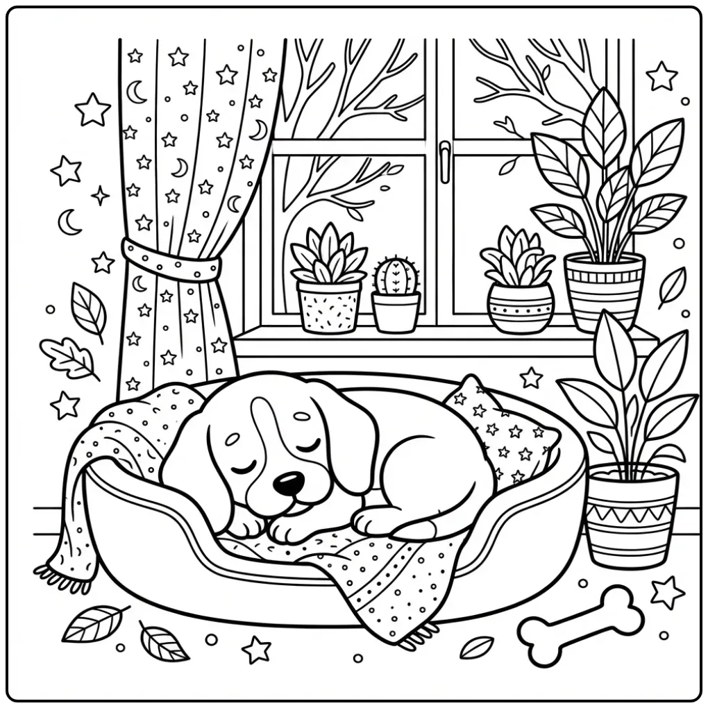 A sleepy puppy Beagle Coloring Page in a soft bed by a window.