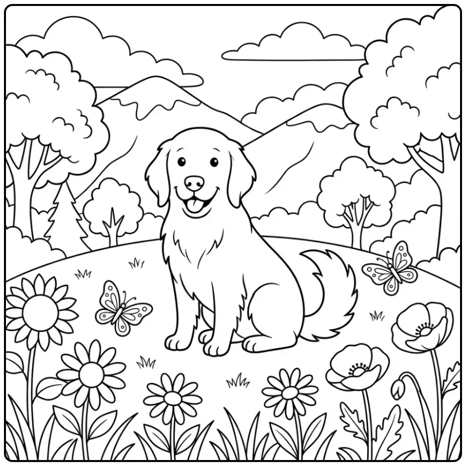 A dog on a grassy hill Realistic Golden Retriever Coloring Page.
