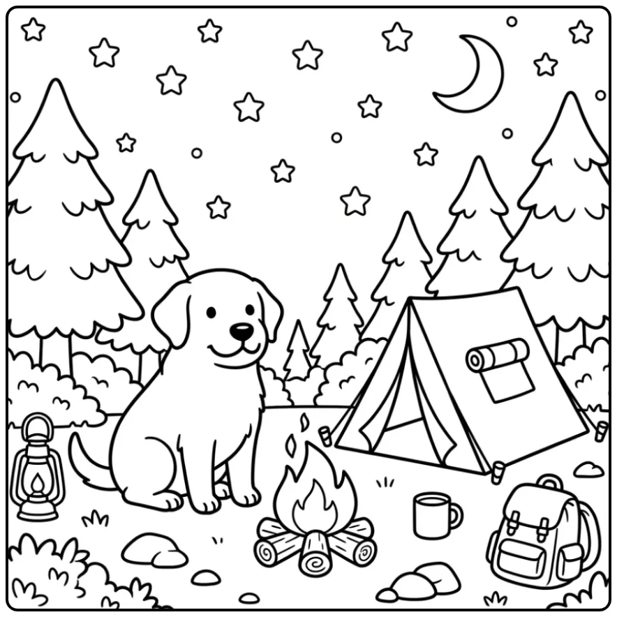 A cute cartoon Labrador Retriever Coloring Page at a campsite.