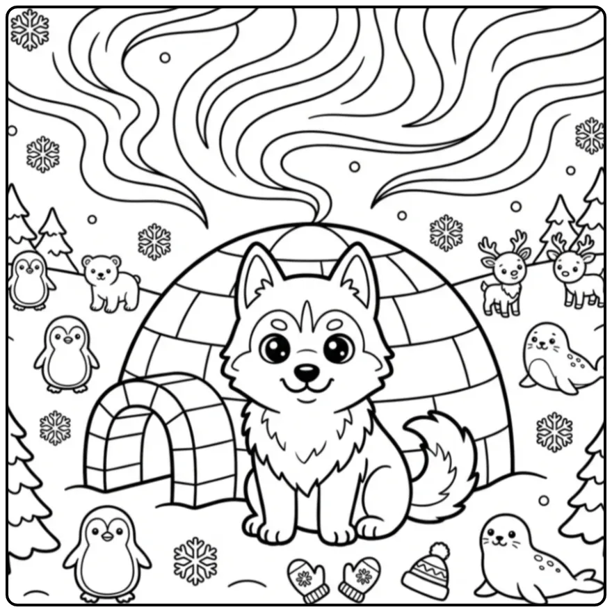 A proud dog and igloo in an arctic Husky Coloring Page.