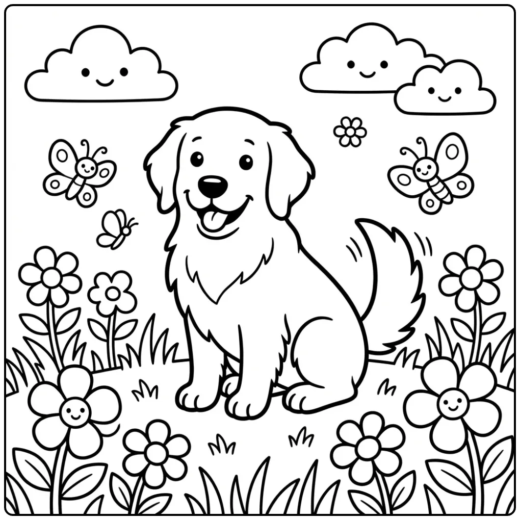 A happy dog in a flowery meadow, a Golden Retriever Coloring Page For Toddlers.