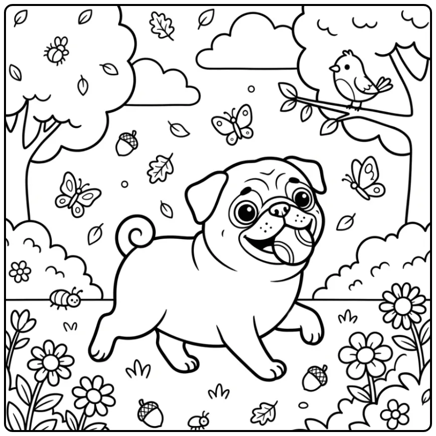 A joyful pug plays in a park on a Diary Of A Pug Coloring Page.