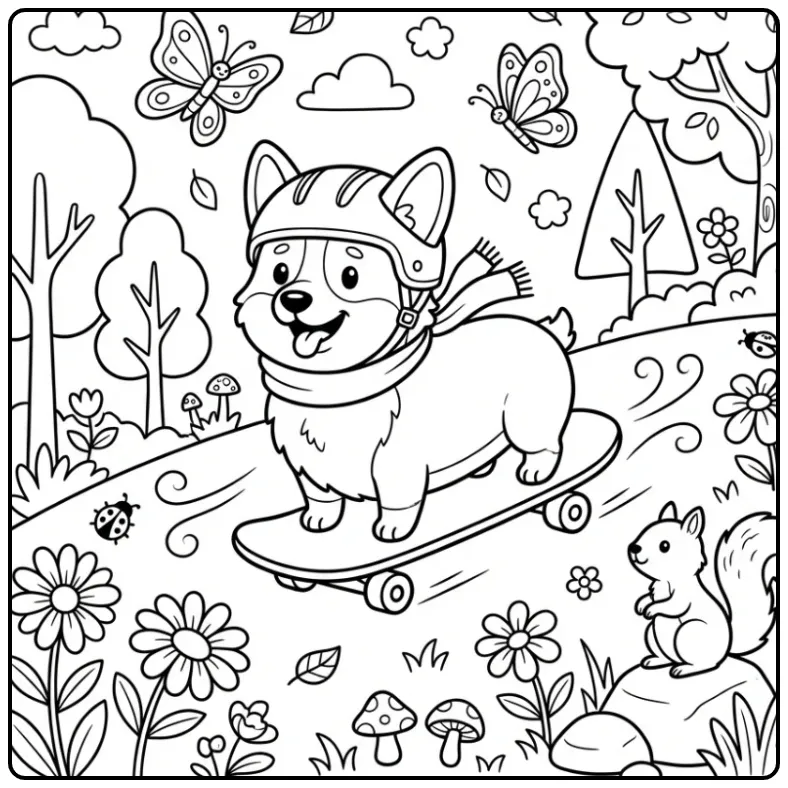 A joyful Cartoon Corgi Coloring Page of a pup on a skateboard.