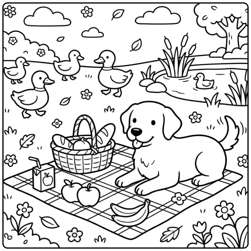 A happy dog beside a picnic basket, Labrador Retriever Coloring Page.