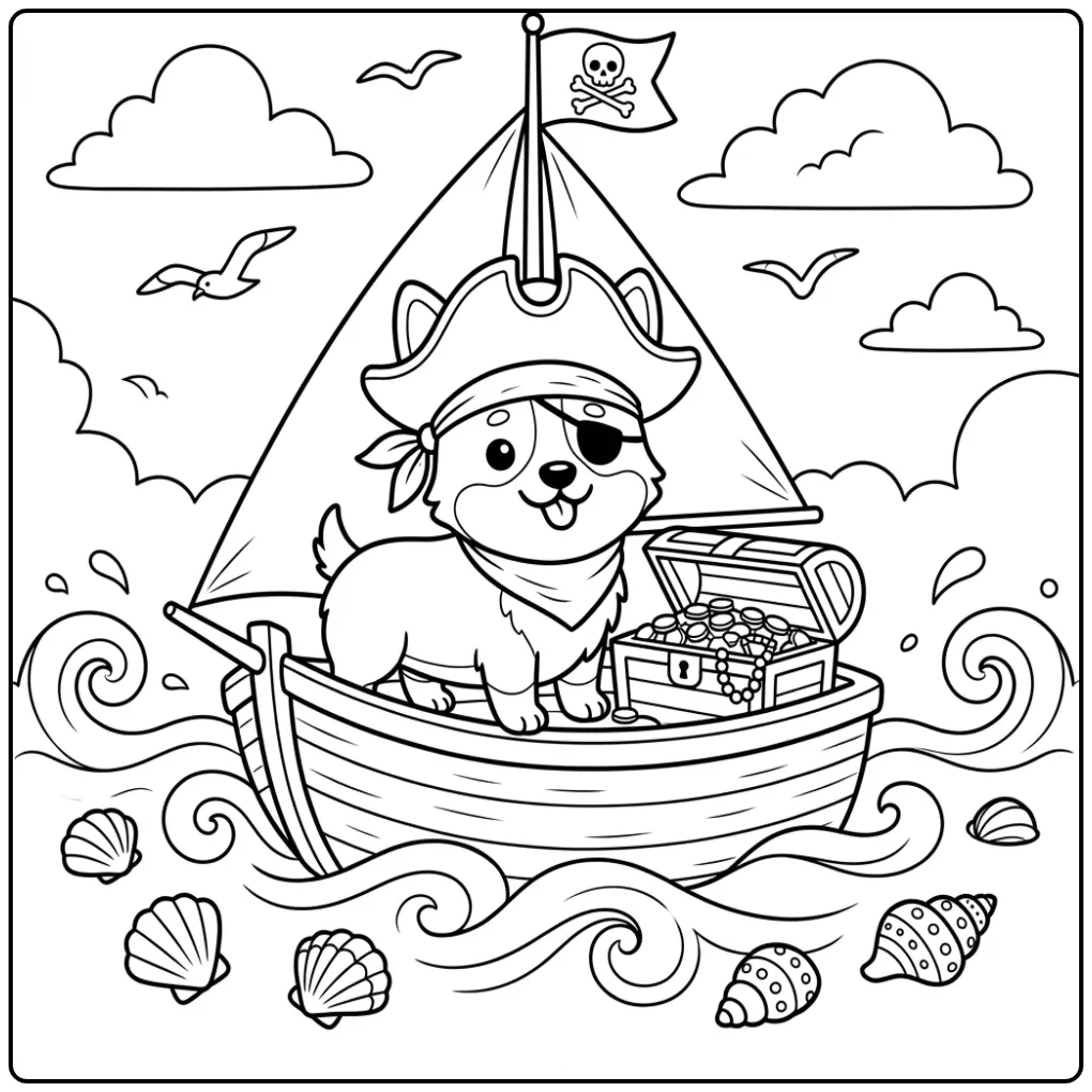 A pirate-themed Cartoon Corgi Coloring Page on a boat.