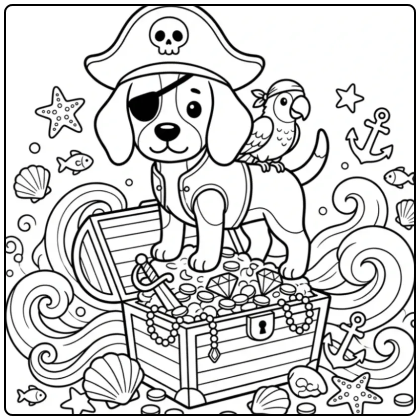 A cute pirate puppy on a treasure chest, a Beagle Coloring Page.
